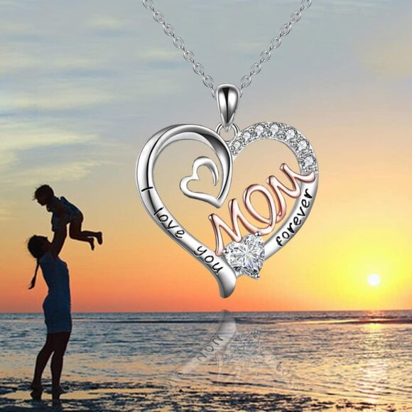 Heart Pendant Necklace Silver Rhinestone Gift for Mom from Daughter Son - Picture 7 of 8